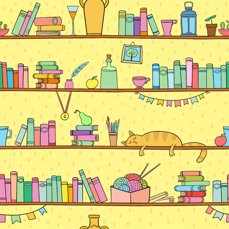 Books, cat and other things on shelves. Vector seamless patternのイラスト素材