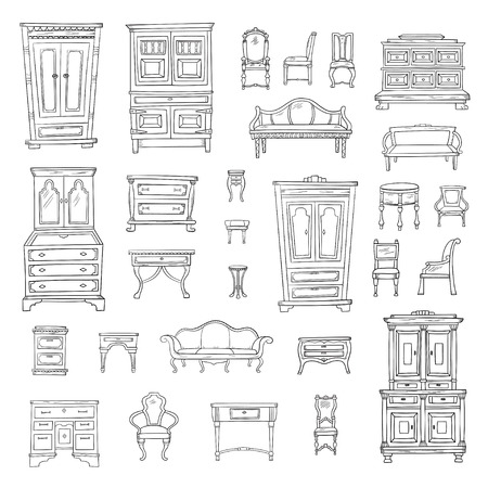 Antique furniture set: closet, nightstand, closet, chairs, nightstands and bureausのイラスト素材
