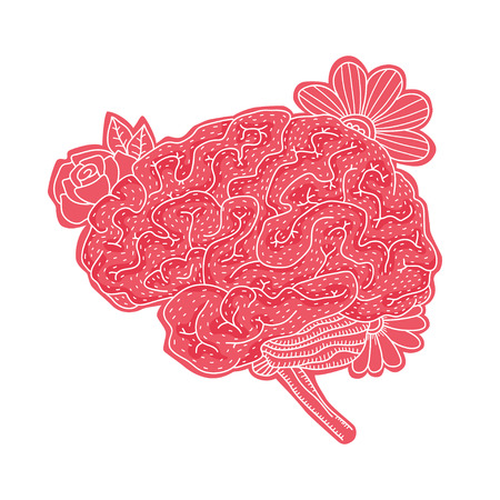 Vector illustration of human brain with flowers isolated on white background for medical design or idea of logoの写真素材