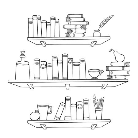 Books and other things on the shelves. Vector illustration.のイラスト素材