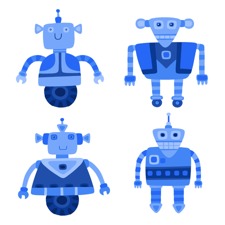 Set of different blue cute robots. Vector illustration.のイラスト素材