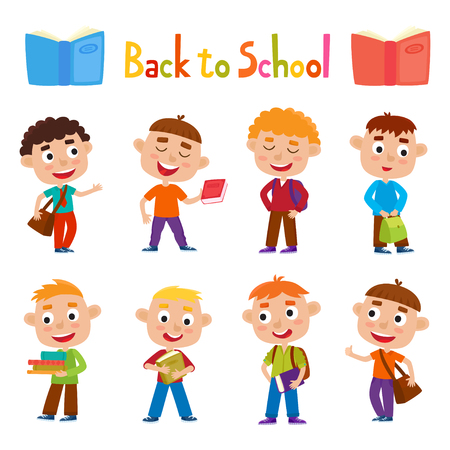 Color vector set pretty boys stand with books, bag and backpack.のイラスト素材
