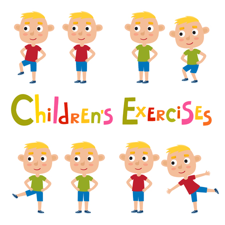 Vector set of blonde boys in exercises poses, isolated on white.のイラスト素材