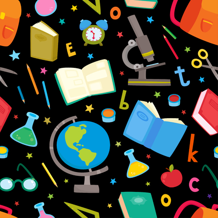 Vector seamless pattern with school elements isolated on black background. Back to school background - backpack, books, pencils, pens, paint brush, glasses, microscope, globe, tubes, letters and stars.のイラスト素材