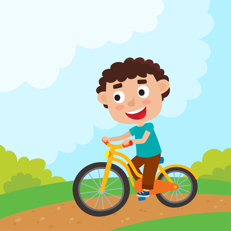 Cartoon boy riding a bike having fun riding bicycles in park. Happy kid having fun on weekend. Summer break outdoor recreation for kids. Vector character design on kids used for child books, stickers, posters, web pages.のイラスト素材