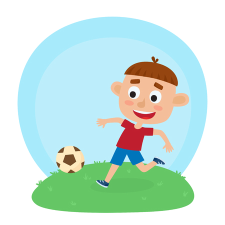 Vector illustration of little boy in shirt and short playing football. Cute cartoon kid kicking soccer ball on grass. Pretty football player. Happy child.のイラスト素材