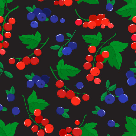seamless pattern with cartoon blueberries and currants isolated on black.の写真素材