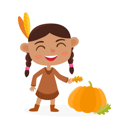 Happy thanksgiving day. Greeting card with indian girl and pumpkin.のイラスト素材