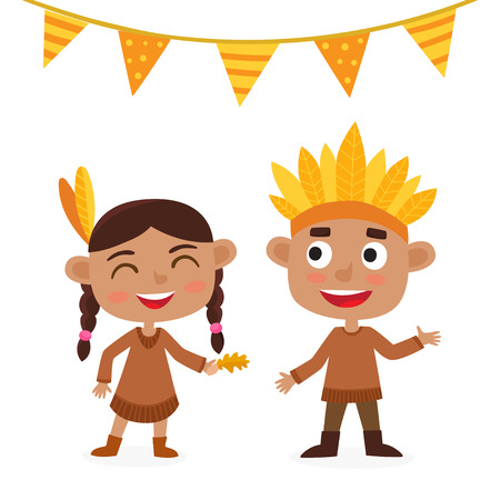 Happy thanksgiving day. Indian boy and girl isolated on white.のイラスト素材
