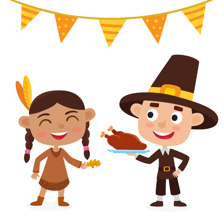 Happy thanksgiving day. Indian girl, pilgrim boy isolated on white.のイラスト素材