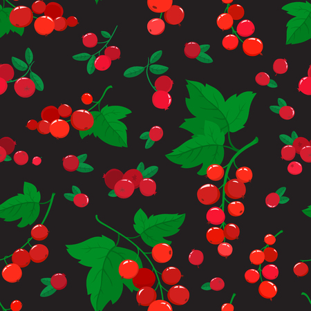 Vector seamless pattern with cartoon cranberries and currants isolated on black. Bright berries branch. Illustration used for magazine, book, poster, card, menu cover, web pages.のイラスト素材