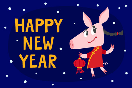 Cute pig in chinese costume with lantern isolated on whiteのイラスト素材