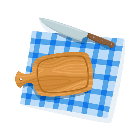 Cartoon cutting board, knife on blue napkin isolated on white background used for magazine, book, poster, card, menu cover, web pages. Bright vector illustration of cooking elements.のイラスト素材