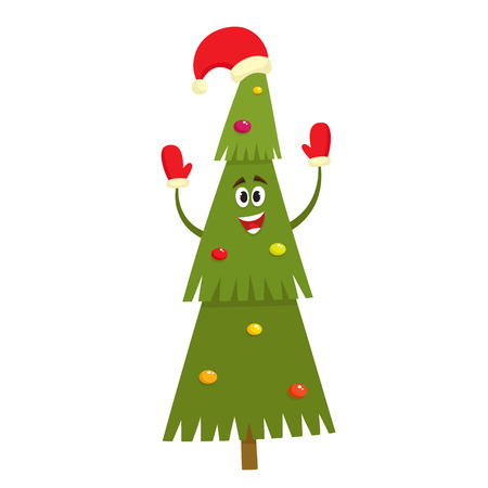 Christmas tree character with red hat and mittens in cartoon style, vector illustration isolated on white background. Green fir tree with balls and garlands, used for magazine or book, poster and card, web pages.のイラスト素材