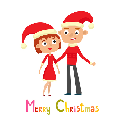 Cute couple woman and man in cartoon style isolated on white. Vector greeting card or poster for Christmas with happy husband and wife in santa costume.のイラスト素材
