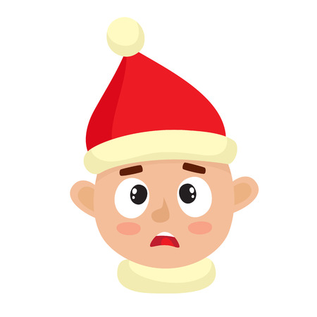 Little boy surprased face expression, set of cartoon vector illustrations isolated on white background. Kid in santa hat emotion face icons, facial expressions.のイラスト素材