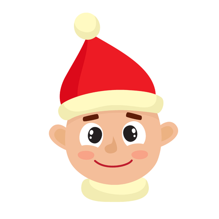 Little boy happy face expression, set of cartoon vector illustrations isolated on white background. Happy kid in santa hat emotion face icons, facial expressions.のイラスト素材
