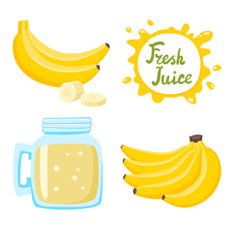 Vector set of natural fresh banana juice in bank and bananas isolated on white in cartoon style. Healthy organic fruit lemonade and speech bubbles with handwritten letteringのイラスト素材