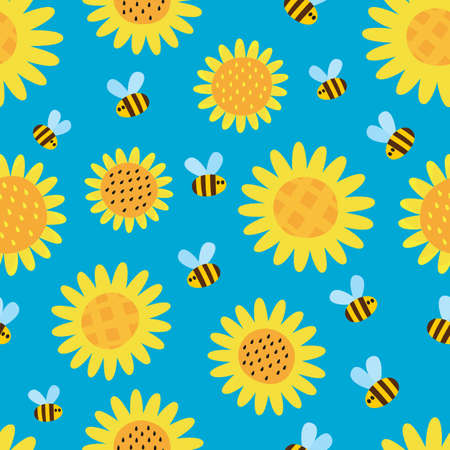 pattern with flying cartoon bees isolated on blue backgroundのイラスト素材