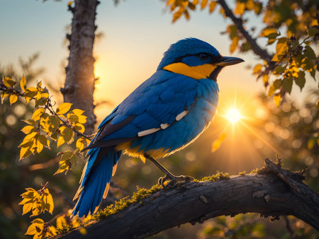 Blue bird on a branch at sunset in the forest. Wildlife scene from nature.の素材