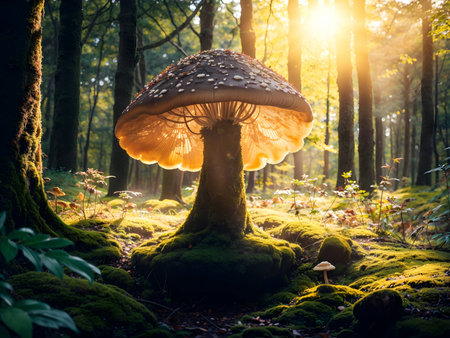 Mushroom in the forest at sunrise. Beautiful nature background.の素材