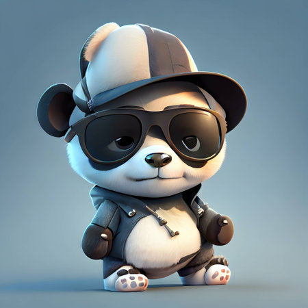 Cute panda wearing a hat and sunglasses, 3d renderingの素材