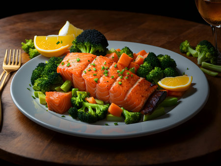 Salmon fillet with broccoli and lemon on a wooden table.の素材