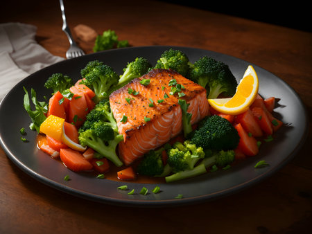 Salmon fillet with vegetables on a plate. Healthy food.の素材