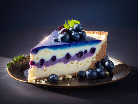 Blueberry cheesecake with fresh blueberries and mint leaves on black backgroundの素材