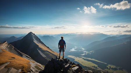 Hiker with backpack standing on top of a mountain and enjoying the viewの素材