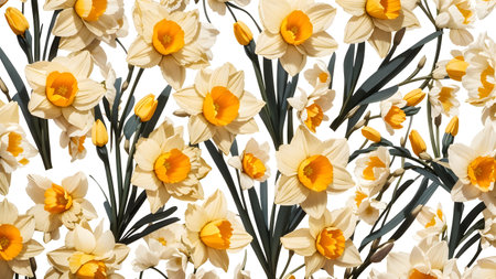 Beautiful daffodils on white background, top view. Floral patternの素材
