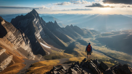 Hiker in the mountains at sunset. Panoramic view.の素材