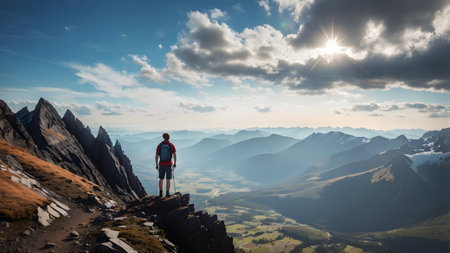 Hiker standing on top of a mountain and enjoying the view.の素材