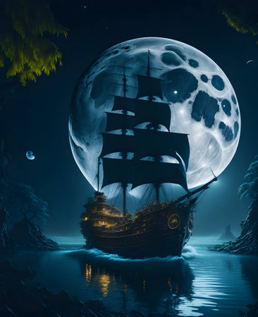 Sailing ship in the sea with full moon, 3d renderの素材