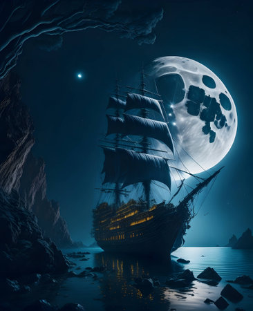 Sailing ship in the sea at night with full moon and starsの素材