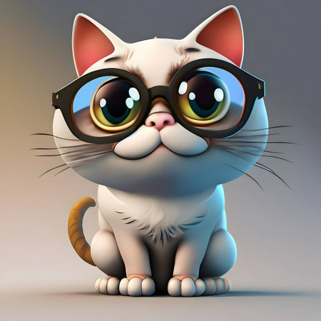 Cute cartoon cat with big eyes and glasses. 3d renderingの素材