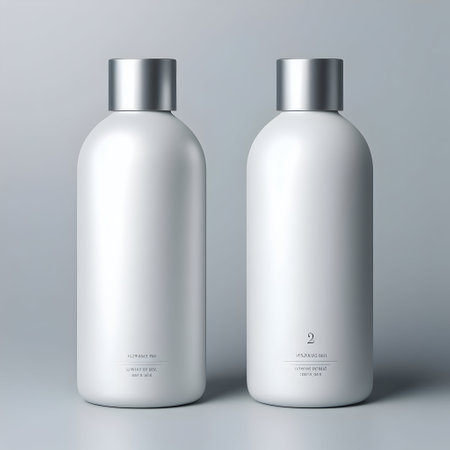 Mockup of a white cosmetic bottle on a gray background.の素材