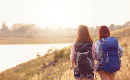 Girls Friendship Hangout Traveling Holiday,flare lightの写真素材