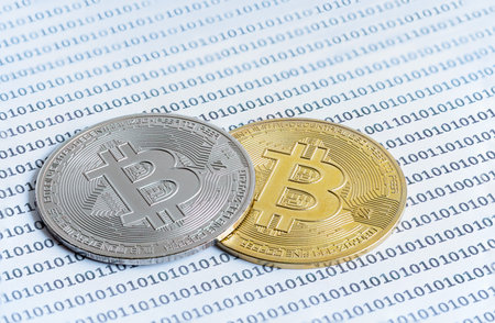 Two bitcoin. digital cyber safety or security encryption. Manage bitcoin price schedule concept....
