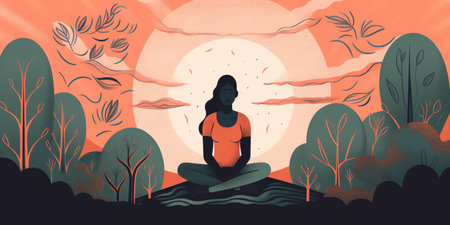 A person sitting in front of a tree, with their back leaning against it. tree could be depicted , with roots firmly planted in ground and branches reaching up towards the sky. Generative AI.の素材