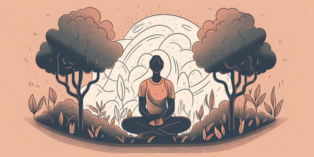 A person sitting in front of a tree, with their back leaning against it. tree could be depicted , with roots firmly planted in ground and branches reaching up towards the sky. Generative AI.の素材