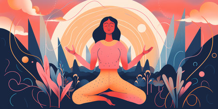 person standing with their feet grounded and their arms raised to the sky. surrounded by colorful energy waves, representing the flow of positive energy and inner peace. Generative AI.の素材