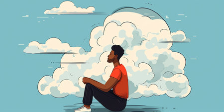 A person meditating on a cloud with a clear blue sky in background. cloud could have a thought bubble with positive affirmations or inspiring quotes. Generative AI.の素材