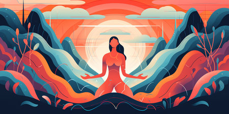 person standing with their feet grounded and their arms raised to the sky. surrounded by colorful energy waves, representing the flow of positive energy and inner peace. Generative AI.の素材