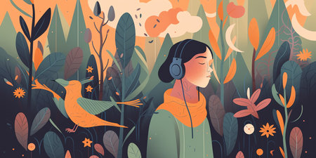 A person walking in a garden with eyes closed, listening to the sounds of nature. The illustration could show flowers, trees, and birds. practicing mindfulness meditation. Generative AI.の素材