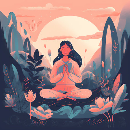 illustration of a person practicing mindfulness or meditation as part of their mental health routine. Generative AI.の素材