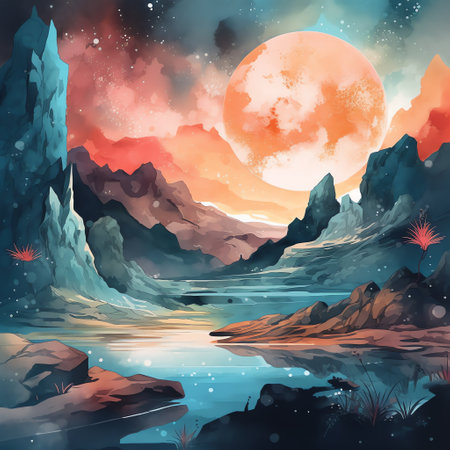 Cosmic Landscapes: A stunning watercolor illustration of a vibrant galaxy with bright stars shining in the distance, capturing the beauty of outer space. Generative AI.の素材