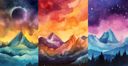 Cosmic Landscapes: A stunning watercolor illustration of a vibrant galaxy with bright stars shining in the distance, capturing the beauty of outer space. Generative AI.の素材