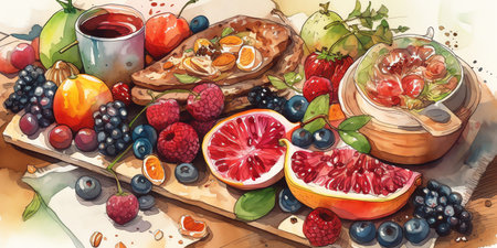 Food Illustrations: A mouth-watering watercolor illustration of a juicy, ripe peach, with vibrant shades of orange and yellow that evoke the sweet, tangy taste of this delicious fruit. Generative AI.の素材