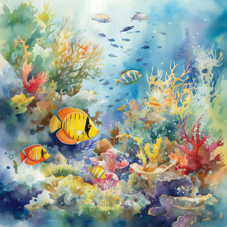 Underwater Scenes: A beautiful watercolor illustration of a coral reef, filled with colorful fish and sea creatures, capturing the vibrancy of life under the sea. Generative AI.の素材